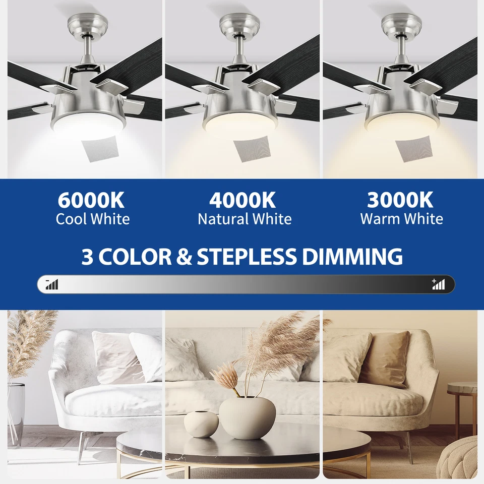 52" Modern Ceiling Fan Light Dimmable LED 3-Color Memory Function for Bedroom - Image 4 of 4