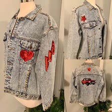 Vintage Jean Jacket Embellished Sequins Denim Streetwear Retro Patches Sz L