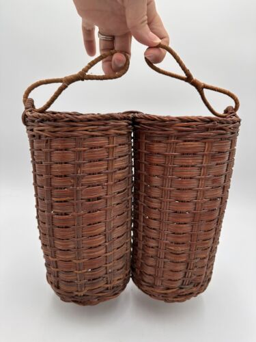 Vintage Wicker Double Wine Bottle Flatware Napkin Holder Basket Dark Brown Decor