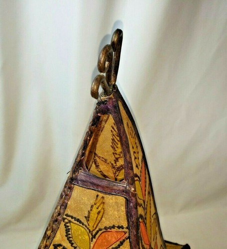 Vintage Mid Century RAW HIDE Shade Sail Cone Mosaic Design Lamp Cast Iron WORKS - Picture 6 of 12