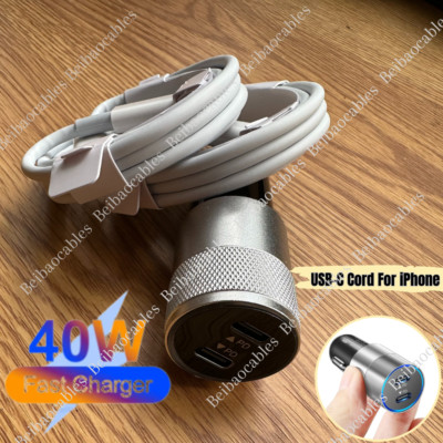 PD Fast 40W Car Charger Dual Type C Adapter For iPhone 14 13 12 11 Pro Max Cable