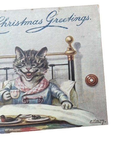 Antique CATS CHRISTMAS GREETINGS Tuck Postcard Breakfast in Bed Charged Extra - Picture 3 of 4
