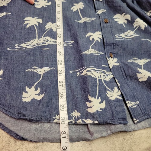 OLD NAVY Mens Slim Fit XXL Denim Button Up Shirt Blue Palm Tree Hawaiian Camp - Picture 6 of 8