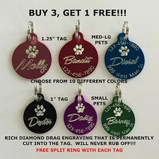 Custom Engraved Circle Paw Print Pet Tag Dog Cat ID Name Animal - 10 COLORS