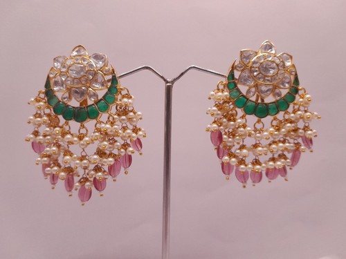 Moissanite Polki Silver Chandbali Earring, Indian Traditional Chandbali Earring - Picture 3 of 8