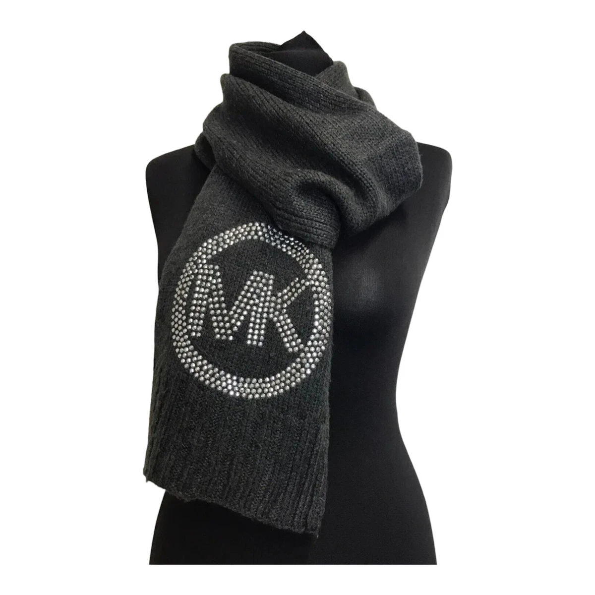 Michael Kors Womens Scarf Cable Knit Grey Scarf Gemstone Stud