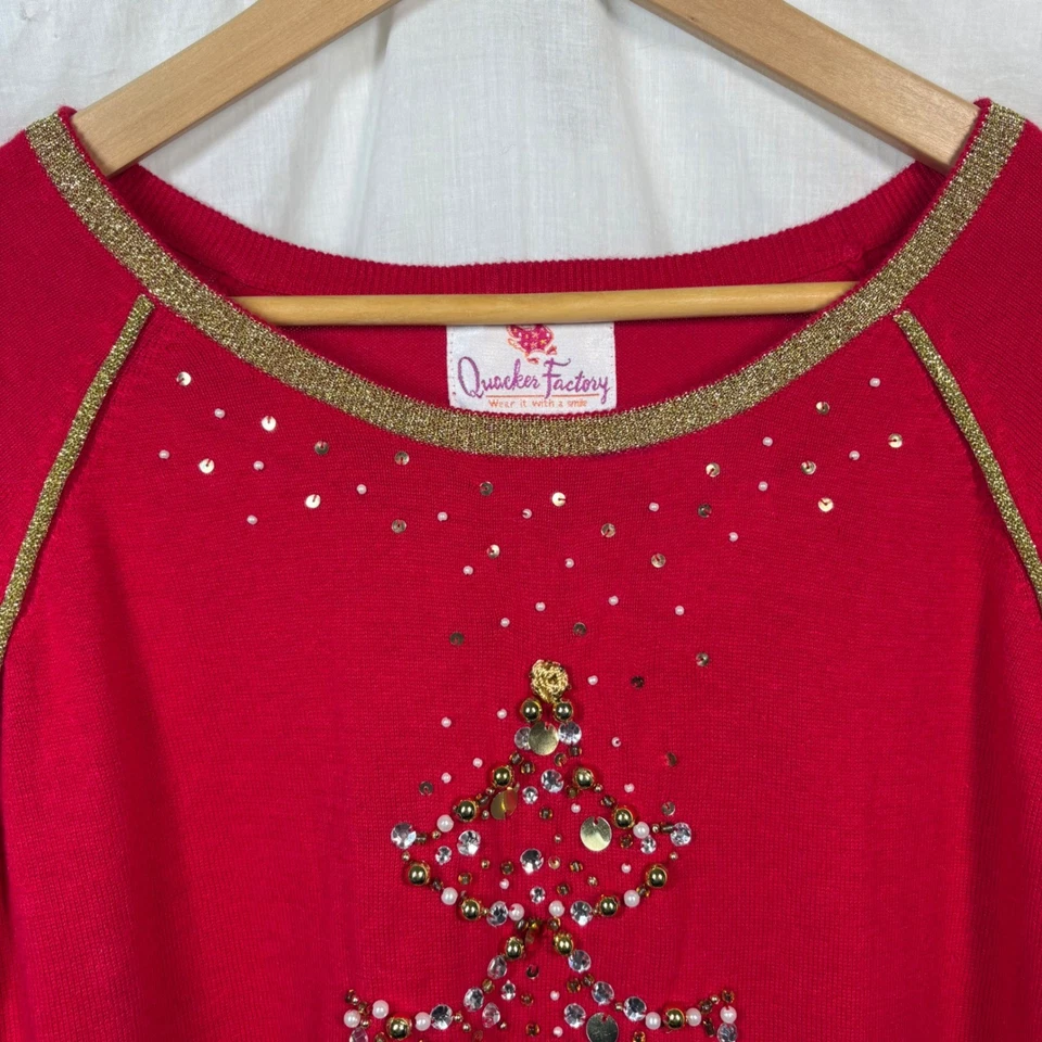 Quacker Factory Red & Metallic Gold Christmas Tree Sweater Size 2X Beaded Detail - Image 3 of 4