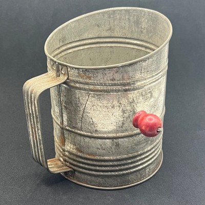 Vintage Jacob Bromwell Tin Measuring Flour Sifter Red Wooden Knob Handle