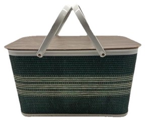 Vintage Green Stripe Picnic Basket, Wood Lid, White Metal Handles