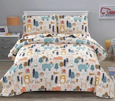 Woodland Bear Deer Quilt Set Full Queen Cabin Lodge Bedding w/ 2 Shams 90x90