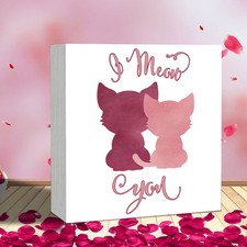 "I Meow You" Cat Silhouette Wooden Block Sign Pet Lover Valentine's Decor Gift