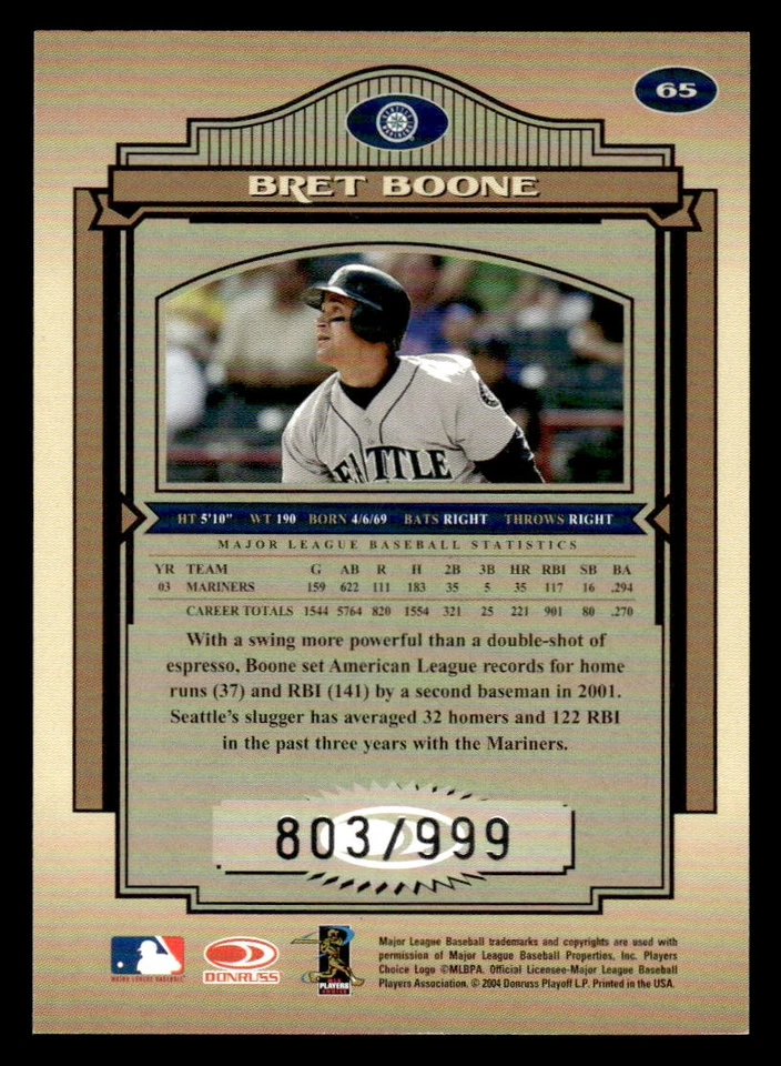 2004  Donruss Timeless Treasures #65 Bret Boone SP #d /999! Mariners - Image 2 of 2