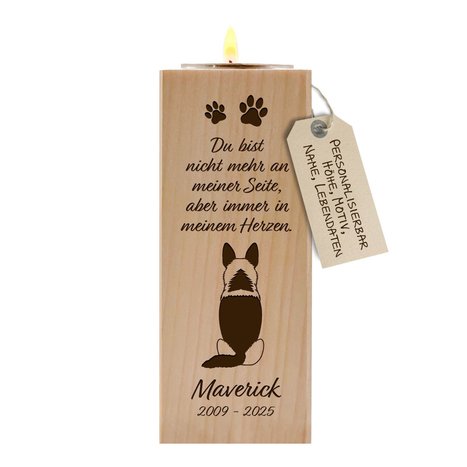 Trauerlicht Hund personalisiert Gedenklicht Trauerkerze Erinnerungslicht 6–16 cm