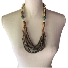 VTG Boho Chunky Mixed Media Statement Necklace Ethnic Earthtones 25" western