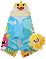 Baby Shark Kids Hooded Towel and Character Loofah Set, Cotton, Blue, Pinkfong