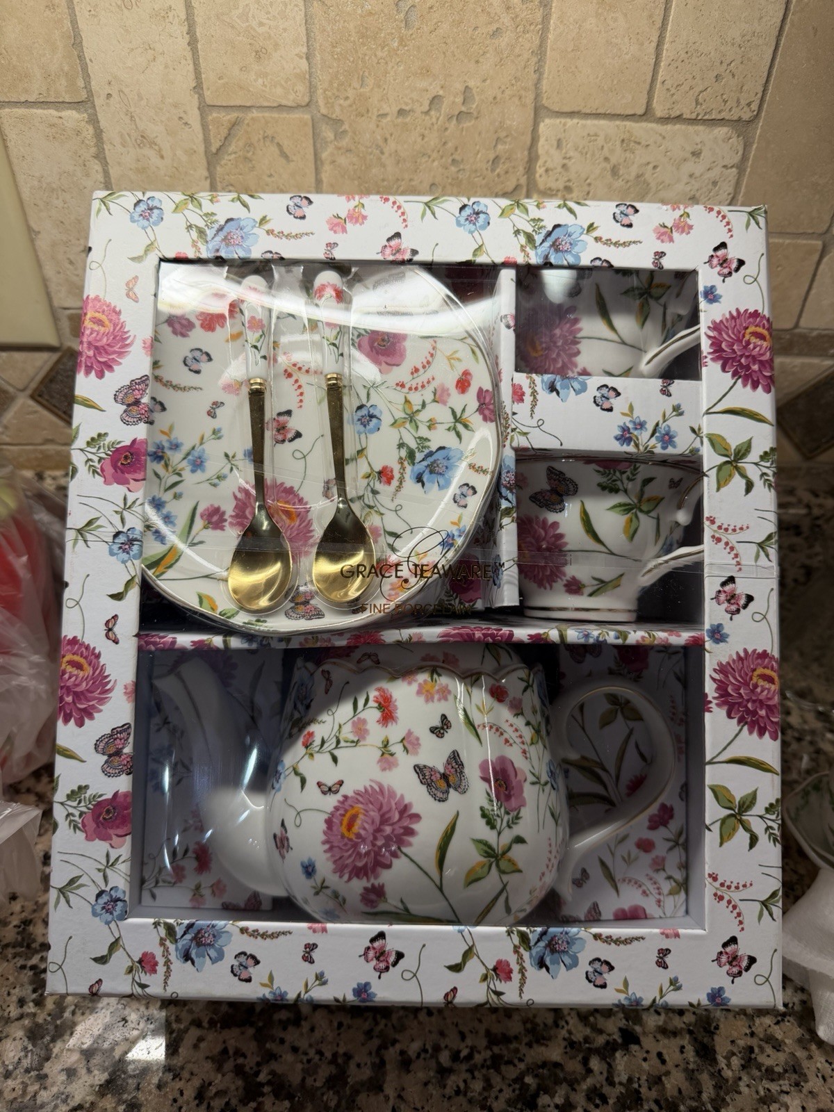 Ware Fine Porcelain Wild Flower Butterfly Tea Time Gift 7pc 