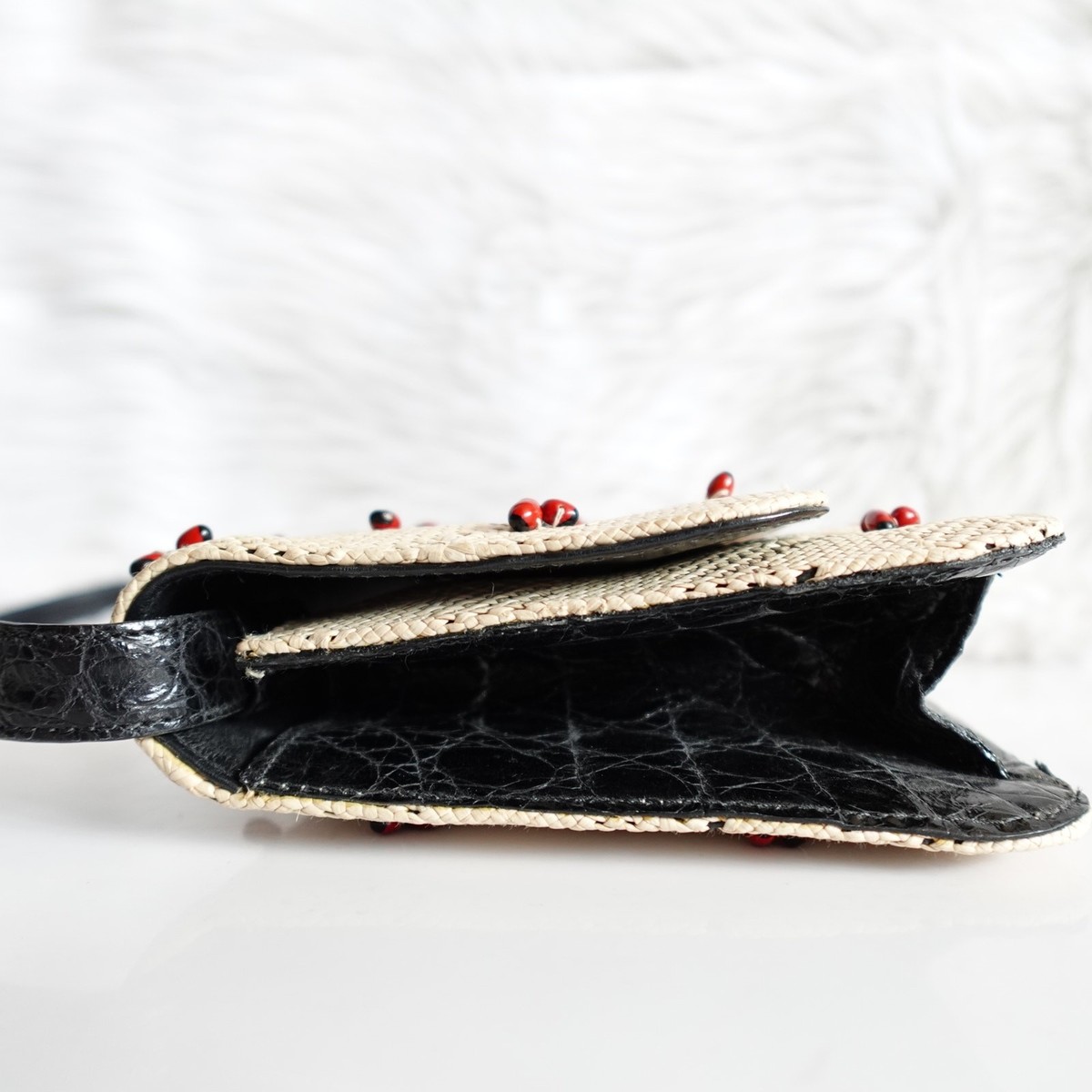 Nancy Gonzalez Wicker Cream Red Beaded Black Crocodile Shoulder
