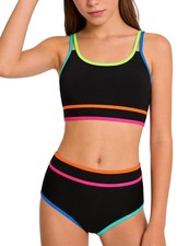 Teen Girls Swimsuit Color Block Sporty Bikini Sets With Cover Up Skirt 3 Piece&hellip;