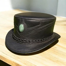 Men Black Leather Steampunk Top Hat with Chain Gothic Festival Costume Wear