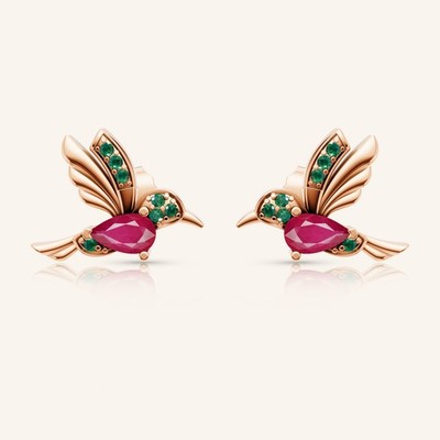 Natural Ruby Emerald Flying Bird Stud Earrings 14k Gold vermeil.