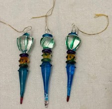 Set of 3 Artisan Blown Glass Finial Christmas Ornaments  Blues Greens  Vintage