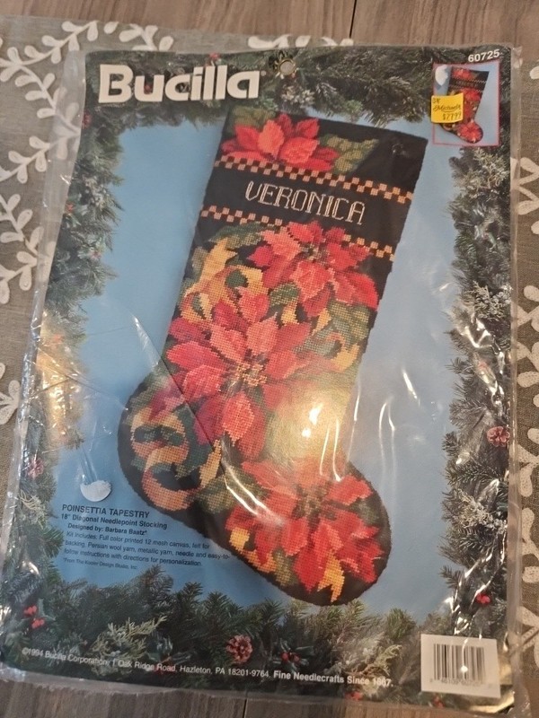 1994 Bucilla Needlepoint Stocking Kit No. 60725 Poinsettia Tapestry