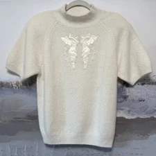 Vtg JUSTINE TODD Wool Angora ANGEL WINGS Sweater L Beaded Short Sleeve Mock Neck