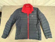 NAUTICA MENS STRETCH MID-WEIGHT REVERSIBLE  PUFFER JACKET SIZE M NAVY / RED EUC