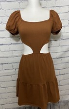 NWT Forever 21 Womens/Jrs Medium Cutout Elastic Waist Brown Dress Short Sleeve