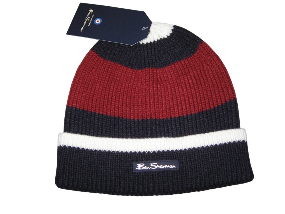 BEN SHERMAN Rib Knit Block Striped  Beanie Hat Red White Navy Blue