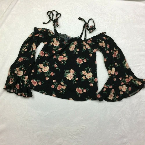 Blusa mujer American Eagle nueva sin etiquetas talla M hombro frío negra floral manga campana - Imagen 4 de 10