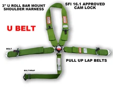 RACING HARNESS SFI 16.1 U STYLE 5 POINT PULL UP LAPS 3" CAM LOCK BELT LIME GREEN