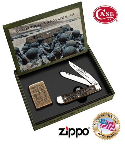 Case Trapper pocket Knife & Zippo Lighter D-Day 80th Ann Custom Wood Box CA52019 - Picture 1 of 5