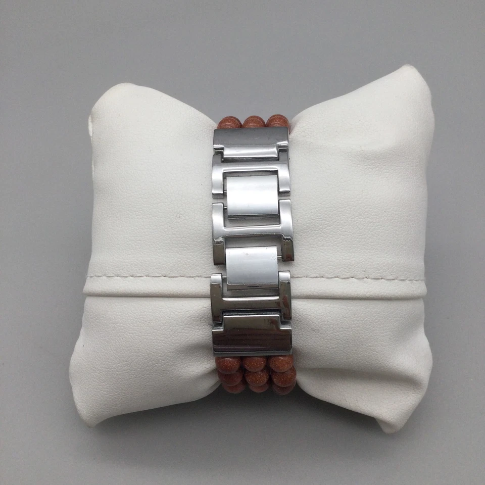 Vtg Genoa Watch Women 24mm Silver Tone MOP Brown Beaded Band New Battery 6.75" - Image 3 of 4