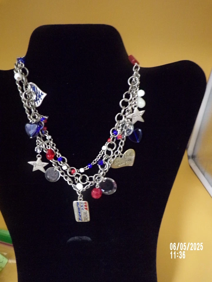 Chico's Patriotic 3 Strand Silver Tone Charm Necklace/choker. Red,White and Blue