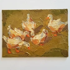 Ducks Painting Original Oil Artwork Landscape Abstract Modern Small Wall Artwork