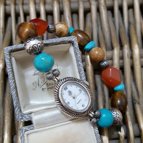 Vintage 925 Sterling Silver Watch, Gemstones , Carolyn Pollack,Turquoise Watch - Afbeelding 1 van 6