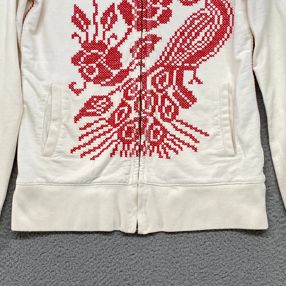 Vintage Lucky Brand Hoodie Womens Small Zip Up Peacock Cross Stitch Rose Sweater - Image 3 of 4