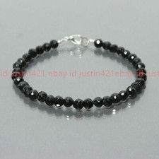 Natural 6mm Faceted Black Agate Round Beaded Gemstone Bracelet 8"