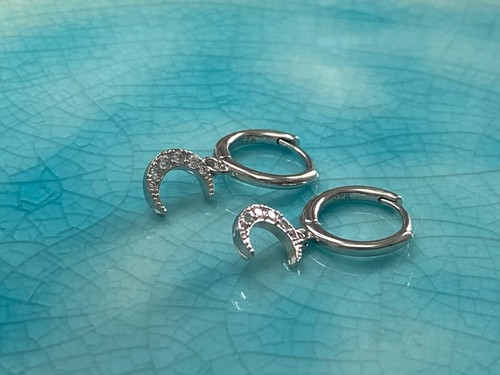Small Star / Crescent Moon CZ Pendant Huggie Hoop Earrings in 925 Silver ·A197 - Picture 6 of 13