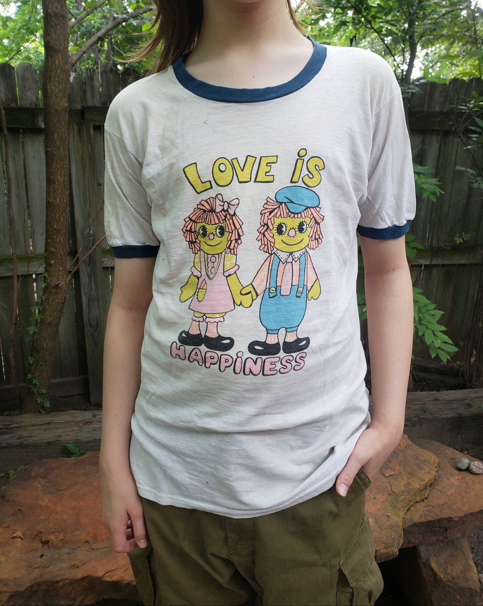 ヴィンテージ 70s ラガディ・アン＆アンディ リンガー Tシャツ パロディ Vtg 70's 80s T-Shirt Raggety Ann & Andy Love is Happiness Unisex