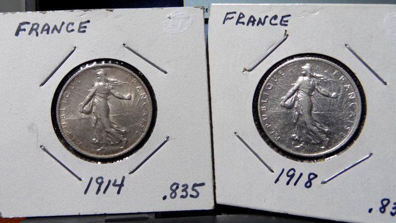 1914 and 1918 France One Franc .835 Silver French Coins