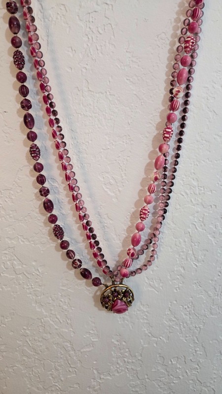 Vintage Selini Signed Multi-Strand Necklace, MCM Pink/Purple Lucite Bead Pendant