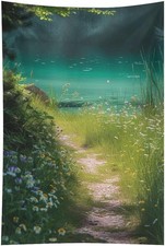 Sunny Lakeside Path With Wildflowers Tapestry Wall Hanging Colorful, 40