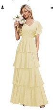 Woman 18 Tiered Ruffled Chiffon Dress Canary Yellow Color V Neck Flutter Sleeve