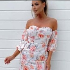 Brand New Parisian White Floral Balloon Sleeve Bardot Dress Size 8