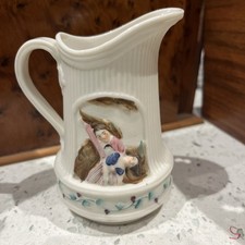 C19th Parian Ware 11cm jug H/painted Moulded Montage DancingCouple in a dip move