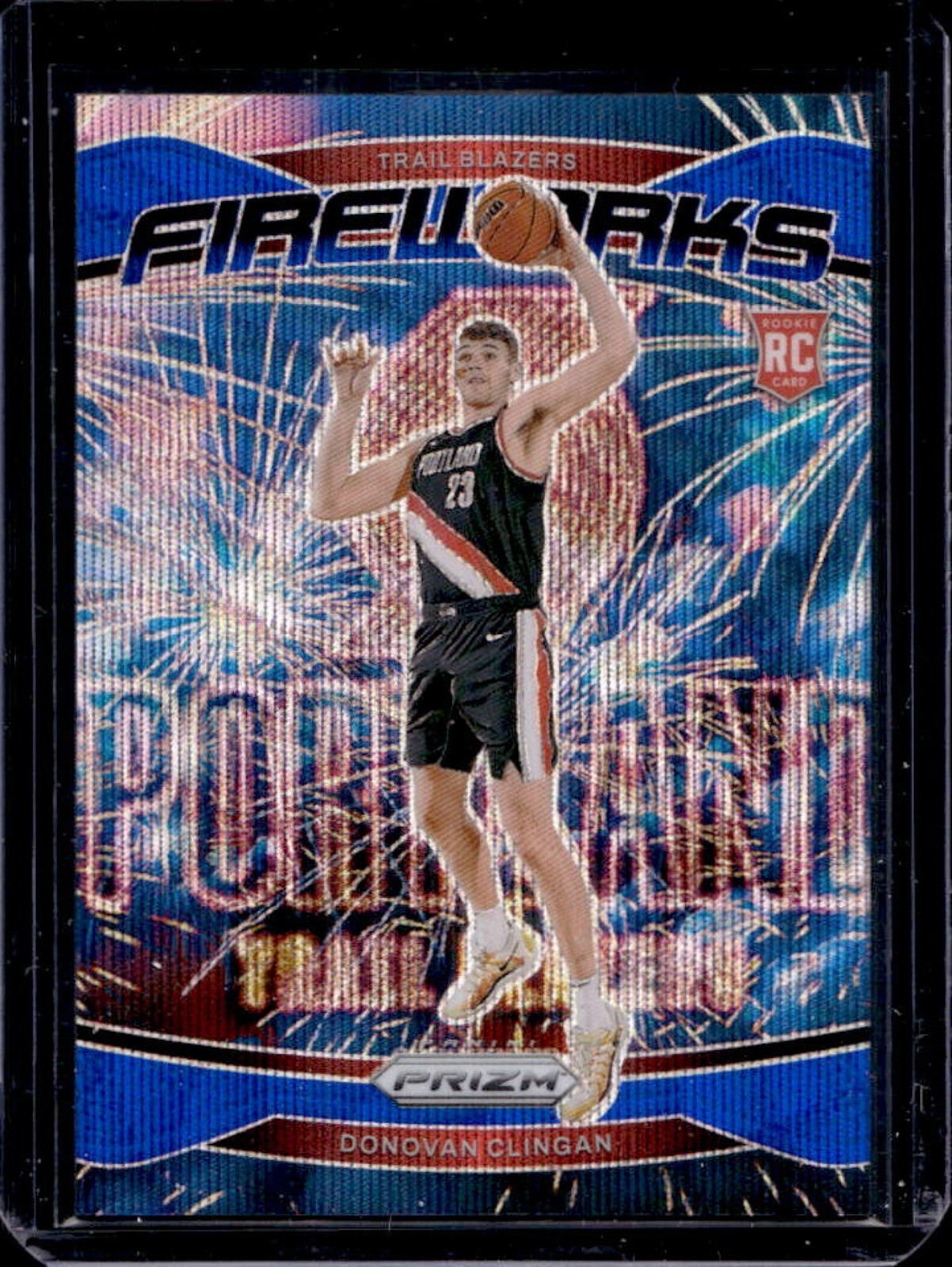 2024-25 Prizm Donovan Clingan Fireworks RC Blue Wave #/175 Trail Blazers