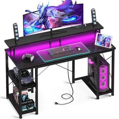 Home Office Desk Computer Gaming Desk Table w/ LED Lights & Power Outlets,Black
