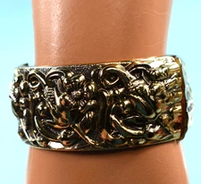 Vintage Repousse' Statement Clamper Bracelet Hinged Cuff Antiqued Gold Tone